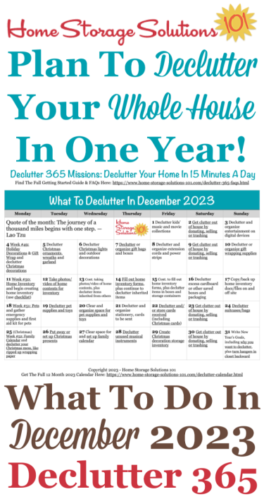 Free printable December 2023 #decluttering calendar with daily 15 minute missions. Follow the entire #Declutter365 plan provided by Home Storage Solutions 101 to #declutter your whole house in a year.