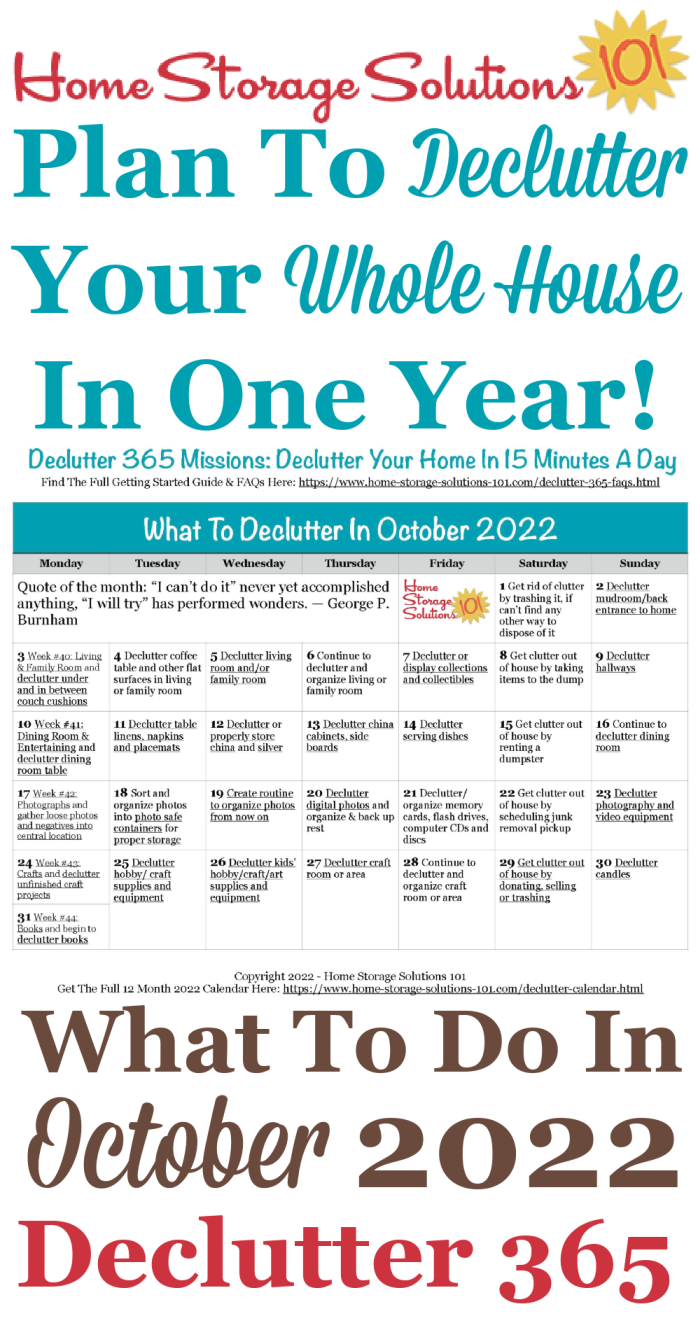 Free printable October 2022 #decluttering calendar with daily 15 minute missions. Follow the entire #Declutter365 plan provided by Home Storage Solutions 101 to #declutter your whole house in a year.