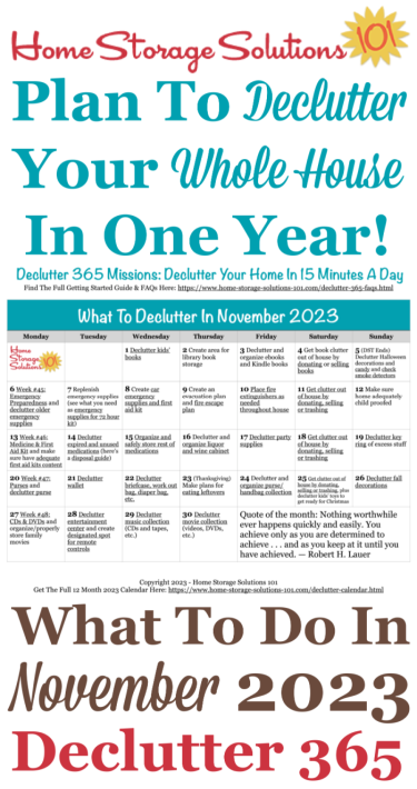 Free printable November 2023 #decluttering calendar with daily 15 minute missions. Follow the entire #Declutter365 plan provided by Home Storage Solutions 101 to #declutter your whole house in a year.