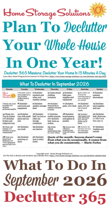 Free printable September 2026 decluttering calendar with daily 15 minute missions. Follow the entire Declutter 365 plan provided by Home Storage Solutions 101 to declutter your whole house in a year. Free printable September 2026 #decluttering calendar with daily 15 minute missions. Follow the entire #Declutter365 plan provided by Home Storage Solutions 101 to #declutter your whole house in a year.