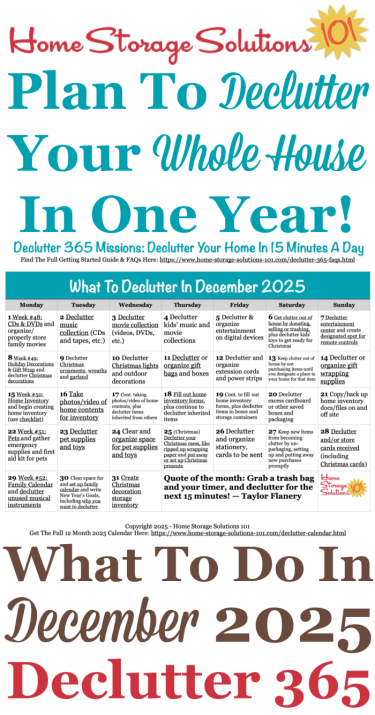 Free printable December 2025 #decluttering calendar with daily 15 minute missions. Follow the entire #Declutter365 plan provided by Home Storage Solutions 101 to #declutter your whole house in a year.