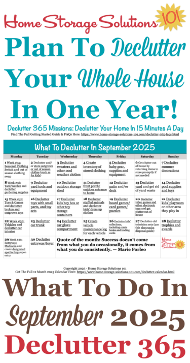 Free printable September 2025 #decluttering calendar with daily 15 minute missions. Follow the entire #Declutter365 plan provided by Home Storage Solutions 101 to #declutter your whole house in a year.
