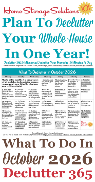 Free printable October 2026 #decluttering calendar with daily 15 minute missions. Follow the entire #Declutter365 plan provided by Home Storage Solutions 101 to #declutter your whole house in a year.
