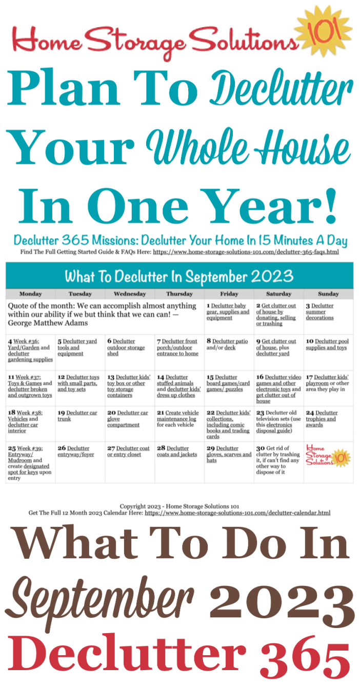 Free printable September 2023 #decluttering calendar with daily 15 minute missions. Follow the entire #Declutter365 plan provided by Home Storage Solutions 101 to #declutter your whole house in a year.