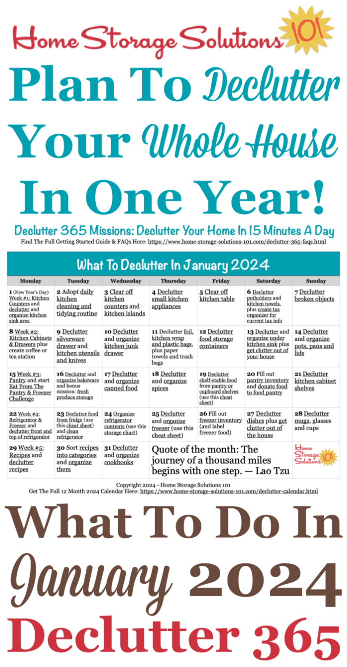 Free printable January 2024 #decluttering calendar with daily 15 minute missions. Follow the entire #Declutter365 plan provided by Home Storage Solutions 101 to #declutter your whole house in a year.