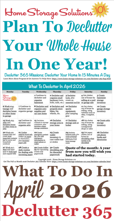 Free printable April 2026 #decluttering calendar with daily 15 minute missions. Follow the entire #Declutter365 plan provided by Home Storage Solutions 101 to #declutter your whole house in a year.