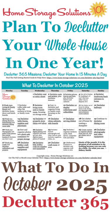 Free printable October 2025 #decluttering calendar with daily 15 minute missions. Follow the entire #Declutter365 plan provided by Home Storage Solutions 101 to #declutter your whole house in a year.