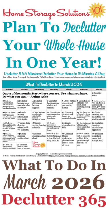 Free printable March 2026 #decluttering calendar with daily 15 minute missions. Follow the entire #Declutter365 plan provided by Home Storage Solutions 101 to #declutter your whole house in a year.