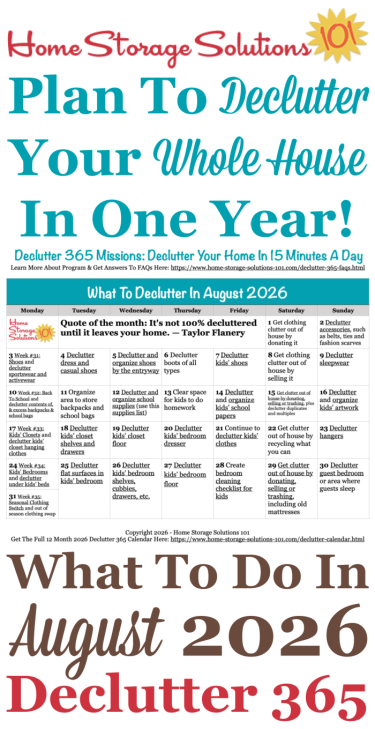 Free printable August 2026 decluttering calendar with daily 15 minute missions. Follow the entire Declutter 365 plan provided by Home Storage Solutions 101 to declutter your whole house in a year. Free printable August 2026 #decluttering calendar with daily 15 minute missions. Follow the entire #Declutter365 plan provided by Home Storage Solutions 101 to #declutter your whole house in a year.