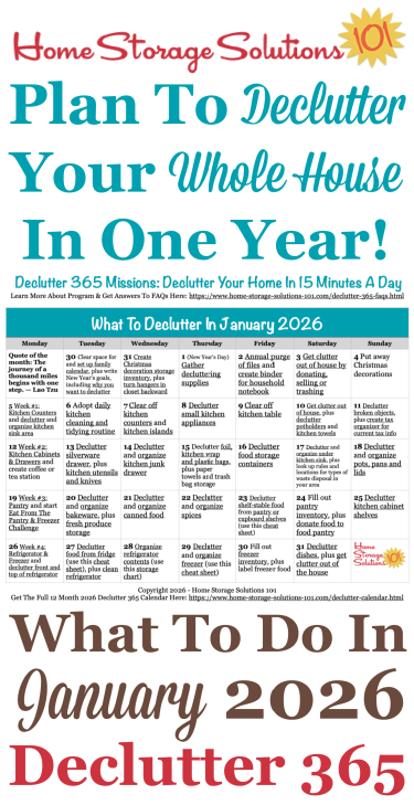 Free printable January 2026 decluttering calendar with daily 15 minute missions. Follow the entire Declutter 365 plan provided by Home Storage Solutions 101 to declutter your whole house in a year. Free printable January 2026 #decluttering calendar with daily 15 minute missions. Follow the entire #Declutter365 plan provided by Home Storage Solutions 101 to #declutter your whole house in a year.