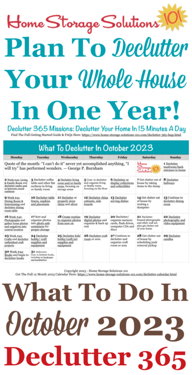 Free printable October 2023 #decluttering calendar with daily 15 minute missions. Follow the entire #Declutter365 plan provided by Home Storage Solutions 101 to #declutter your whole house in a year.