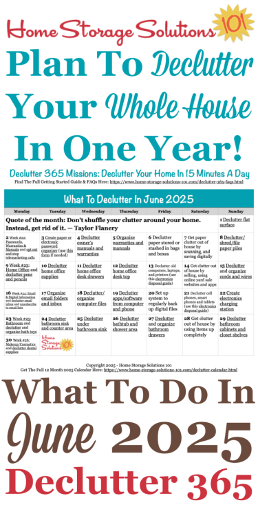 Free printable June 2025 #decluttering calendar with daily 15 minute missions. Follow the entire #Declutter365 plan provided by Home Storage Solutions 101 to #declutter your whole house in a year.