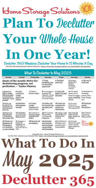 Free printable May 2025 #decluttering calendar with daily 15 minute missions. Follow the entire #Declutter365 plan provided by Home Storage Solutions 101 to #declutter your whole house in a year.