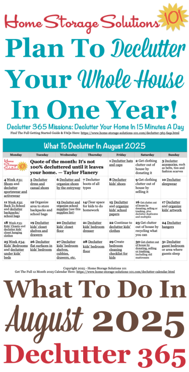 Free printable August 2025 #decluttering calendar with daily 15 minute missions. Follow the entire #Declutter365 plan provided by Home Storage Solutions 101 to #declutter your whole house in a year.
