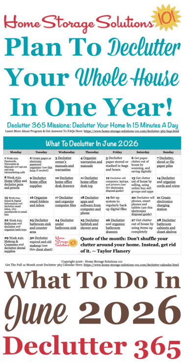 Free printable June 2026 decluttering calendar with daily 15 minute missions. Follow the entire Declutter 365 plan provided by Home Storage Solutions 101 to declutter your whole house in a year. Free printable June 2026 #decluttering calendar with daily 15 minute missions. Follow the entire #Declutter365 plan provided by Home Storage Solutions 101 to #declutter your whole house in a year.