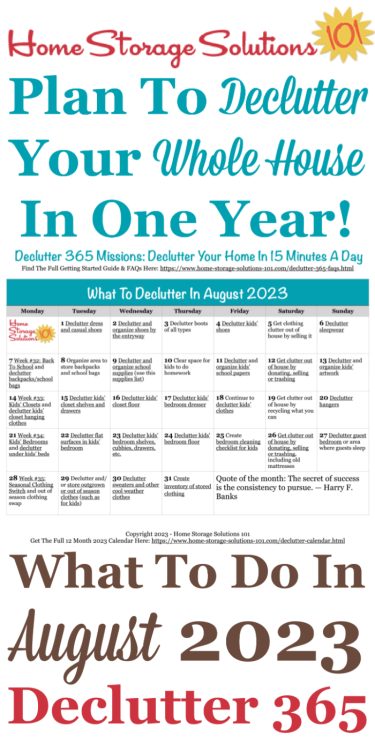 Free printable August 2023 #decluttering calendar with daily 15 minute missions. Follow the entire #Declutter365 plan provided by Home Storage Solutions 101 to #declutter your whole house in a year.