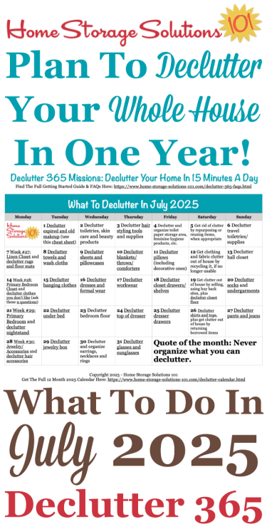 Free printable July 2025 #decluttering calendar with daily 15 minute missions. Follow the entire #Declutter365 plan provided by Home Storage Solutions 101 to #declutter your whole house in a year.