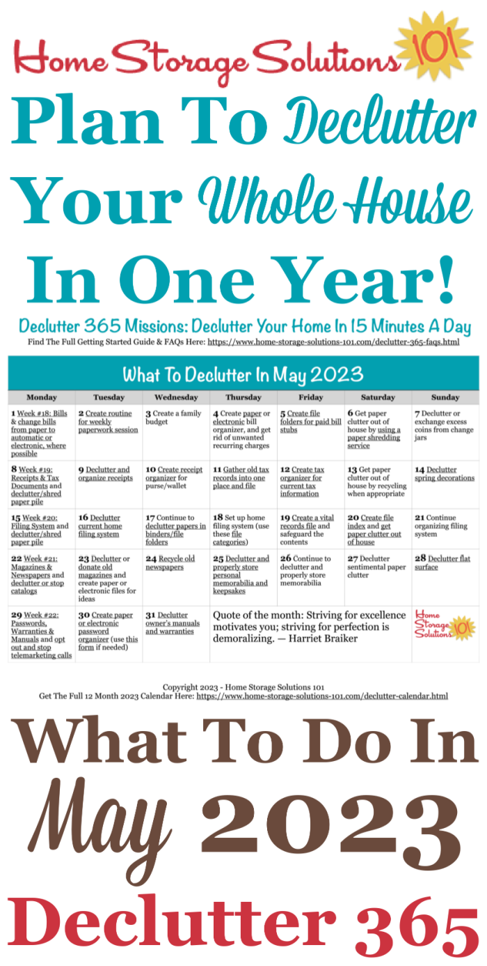 Free printable May 2023 #decluttering calendar with daily 15 minute missions. Follow the entire #Declutter365 plan provided by Home Storage Solutions 101 to #declutter your whole house in a year.