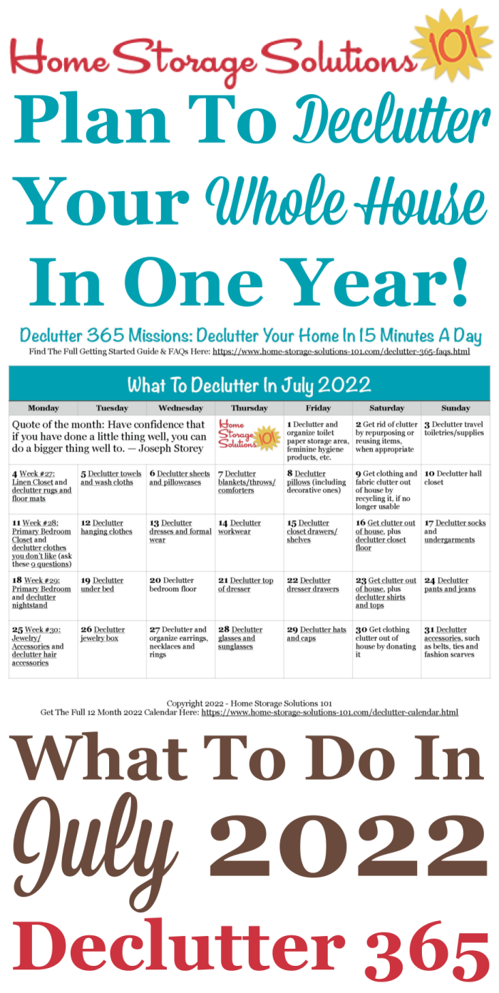 Free printable July 2022 #decluttering calendar with daily 15 minute missions. Follow the entire #Declutter365 plan provided by Home Storage Solutions 101 to #declutter your whole house in a year.