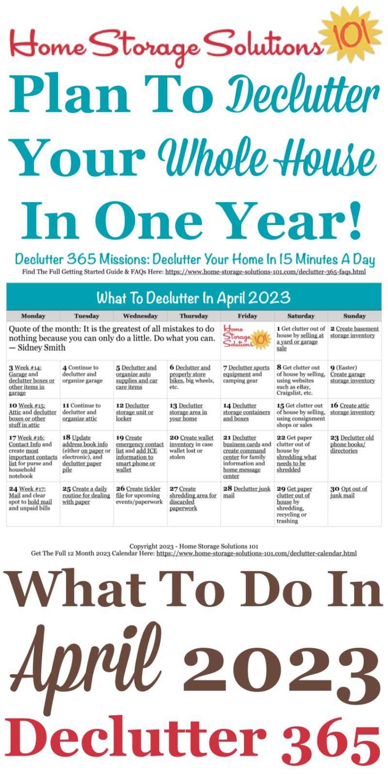Free printable April 2023 #decluttering calendar with daily 15 minute missions. Follow the entire #Declutter365 plan provided by Home Storage Solutions 101 to #declutter your whole house in a year.