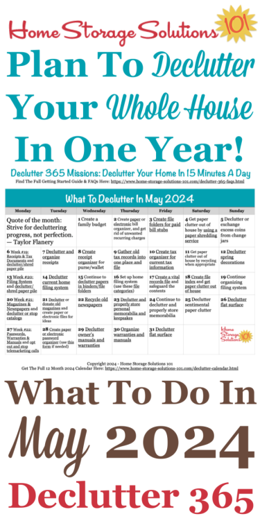 Free printable May 2024 #decluttering calendar with daily 15 minute missions. Follow the entire #Declutter365 plan provided by Home Storage Solutions 101 to #declutter your whole house in a year.