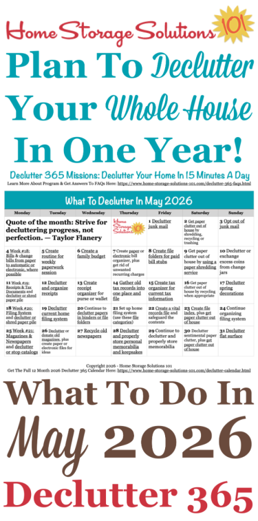 Free printable May 2026 #decluttering calendar with daily 15 minute missions. Follow the entire #Declutter365 plan provided by Home Storage Solutions 101 to #declutter your whole house in a year.