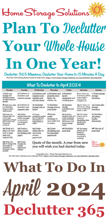 Free printable April 2024 #decluttering calendar with daily 15 minute missions. Follow the entire #Declutter365 plan provided by Home Storage Solutions 101 to #declutter your whole house in a year.