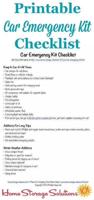 Free printable car emergency kit checklist with all the essentials you need to keep yourself and your family safe in case of emergency in the car {on Home Storage Solutions 101} #CarEmergencyKit #EmergencyPreparedness #CarOrganization