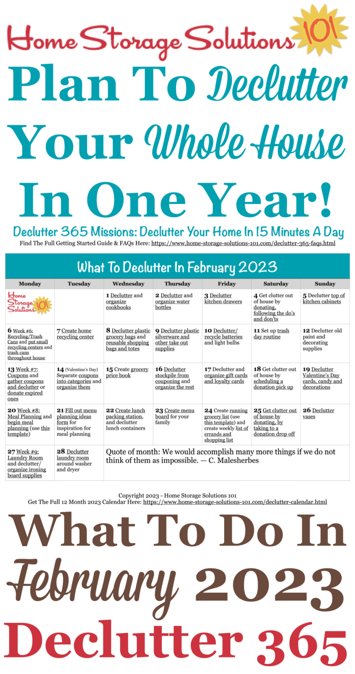 Free printable February 2023 #decluttering calendar with daily 15 minute missions. Follow the entire #Declutter365 plan provided by Home Storage Solutions 101 to #declutter your whole house in a year.