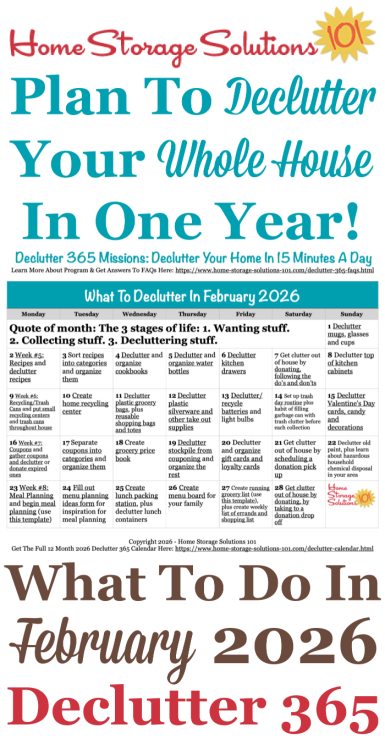 Free printable February 2026 #decluttering calendar with daily 15 minute missions. Follow the entire #Declutter365 plan by Home Storage Solutions 101 to #declutter your whole house in a year.