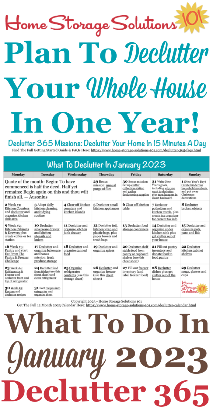 Free printable January 2023 #decluttering calendar with daily 15 minute missions. Follow the entire #Declutter365 plan provided by Home Storage Solutions 101 to #declutter your whole house in a year.
