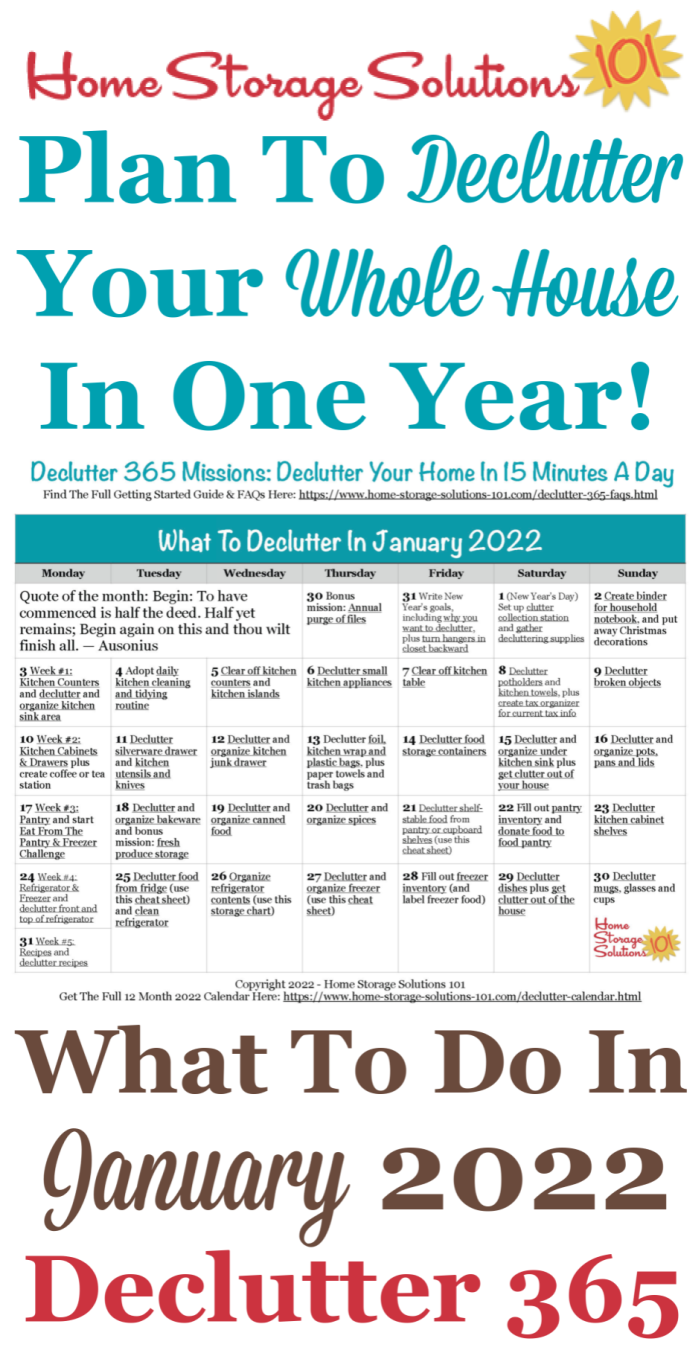 Free printable January 2022 #decluttering calendar with daily 15 minute missions. Follow the entire #Declutter365 plan provided by Home Storage Solutions 101 to #declutter your whole house in a year.