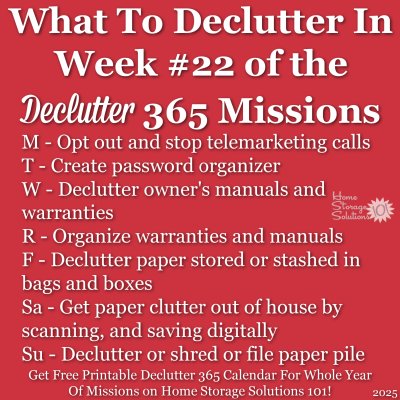 What to declutter in week #22 of the Declutter 365 missions {get a free printable Declutter 365 calendar for a whole year of missions on Home Storage Solutions 101!}
