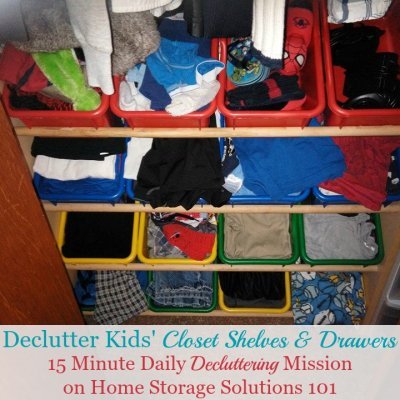 How to declutter kids' closet shelves and drawers {a #Declutter365 mission on Home Storage Solutions 101} #ClosetClutter #DeclutterCloset