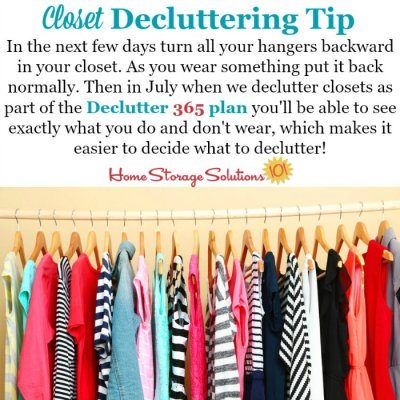 Here's a bonus #Declutter365 mission to do early in the year, so you're ready to declutter your hanging clothes from your closet several months later, when it's time for this task as part of the daily missions, and that's to turn your hangers backward in the closet, to help you identify what you do and do not wear from your wardrobe {on Home Storage Solutions 101} #Declutter #ClosetOrganization