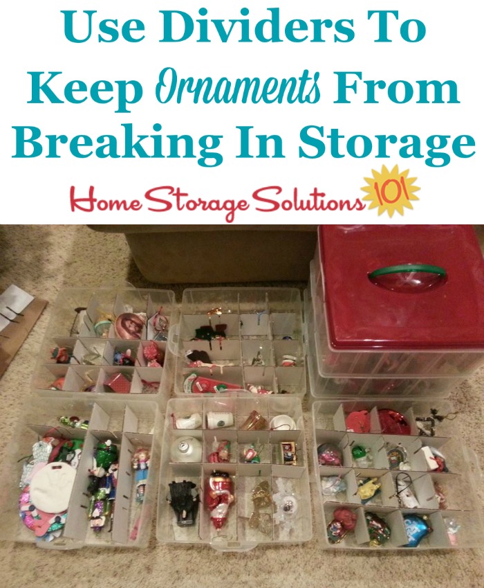 Tips for how to store Christmas ornaments so they don't break, including using dividers between the ornaments {on Home Storage Solutions 101} #HolidayStorage #ChristmasStorage #OrnamentStorage