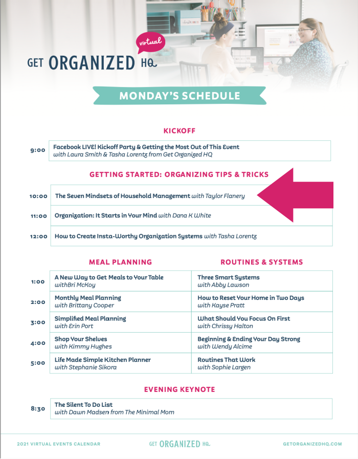 Monday's schedule for Get Organized HQ 2021