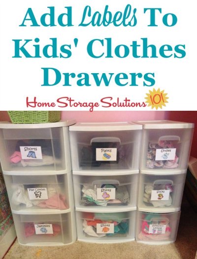 Label your kids' dresser drawers or clothes drawers to allow them to more easily choose their clothes for the day, and to put away their own laundry {featured on Home Storage Solutions 101}