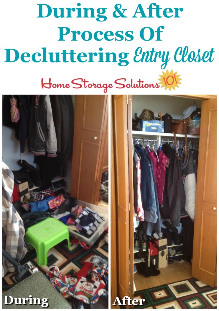 During and after photos of the process of decluttering your entry closet {on Home Storage Solutions 101}