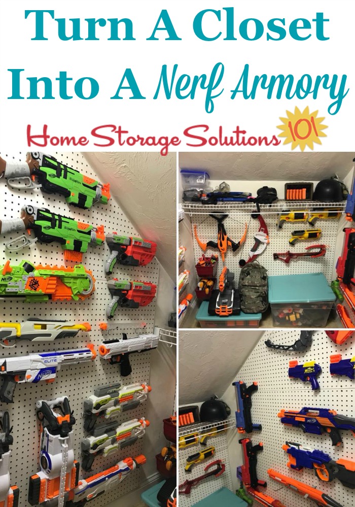 Turn a closet into a Nerf armory, plus more Nerf storage and organization ideas {on Home Storage Solutions} #ToyStorage #StorageIdeas #KidsRoom