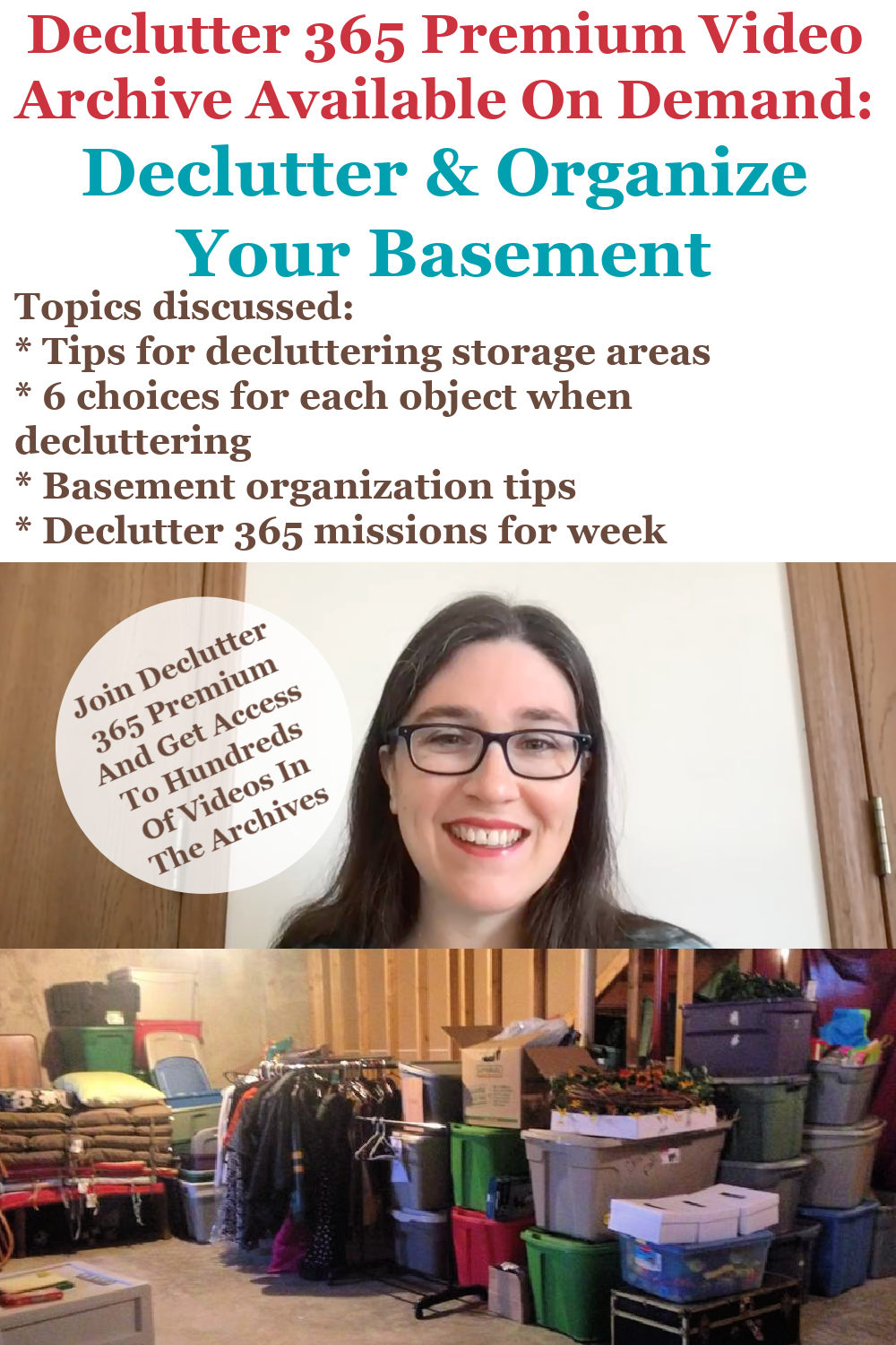 Declutter 365 Premium video archive available on demand all about decluttering and organizing your basement, on Home Storage Solutions 101