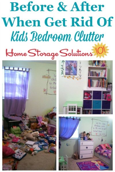 Before and after photos when get rid of kids' bedroom clutter on Home Storage Solutions 101 #BedroomClutter #DeclutterBedroom #DeclutteringBedroom