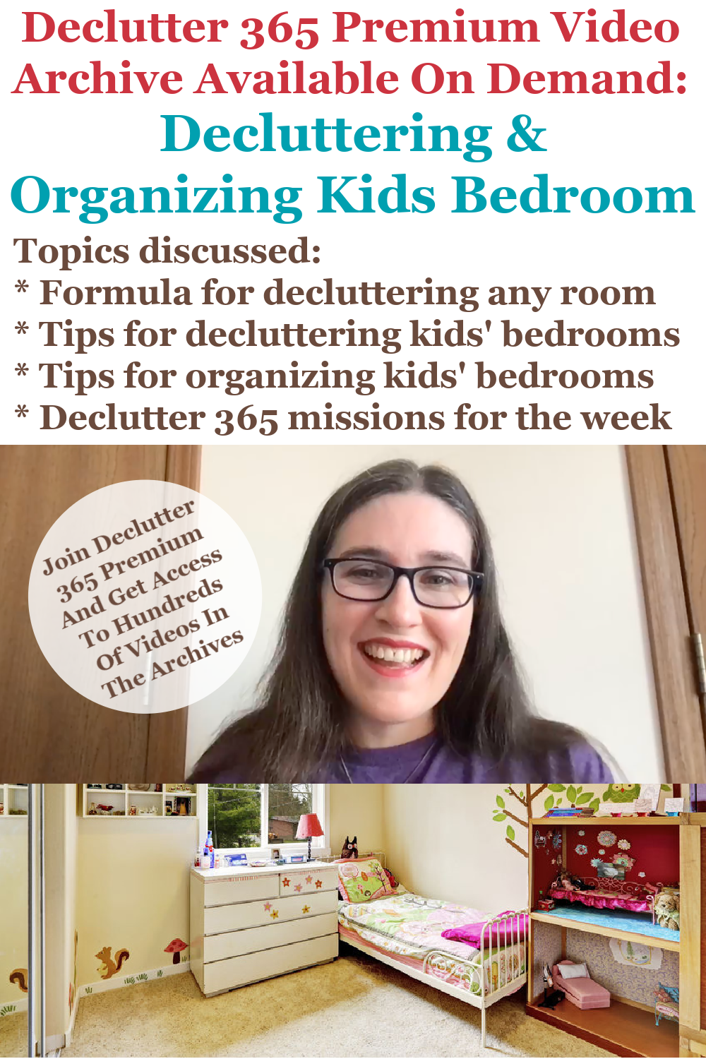 Declutter 365 Premium video archive available on demand all about decluttering and organizing kids' bedrooms, on Home Storage Solutions 101