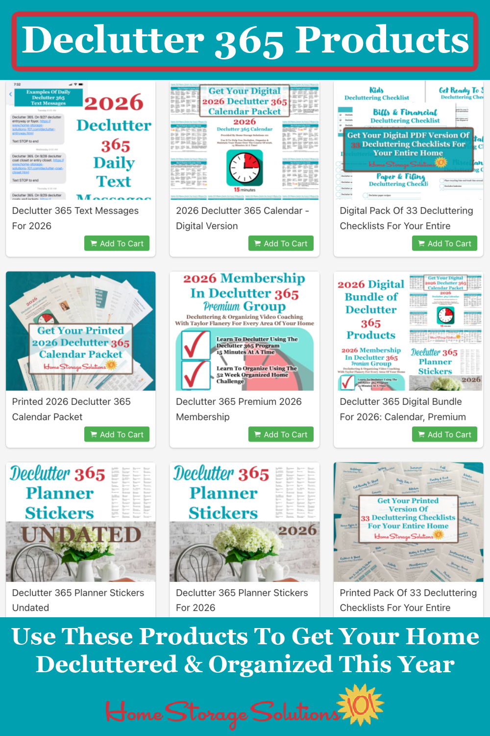 If you want to get your home decluttered, and have it stay that way, use some or all of these Declutter 365 products, including a calendar, text messages, planner stickers, checklists, and even a Facebook group to help you do it {on Home Storage Solutions 101}