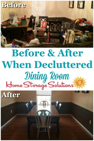 Before and after when decluttered dining room, after working thorough the Declutter 365 missions on Home Storage Solutions 101