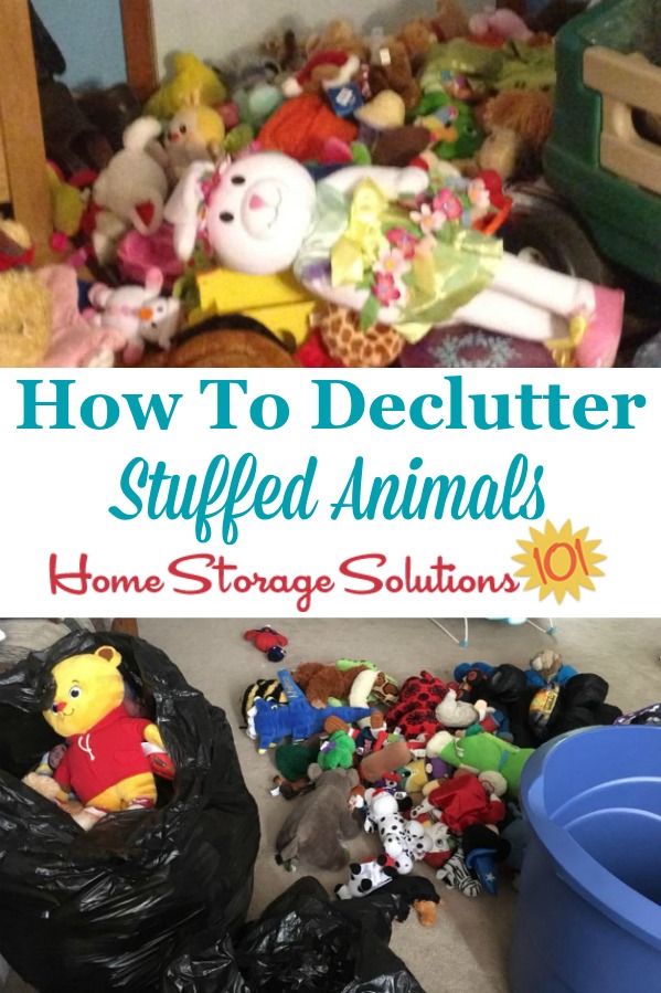 Here are tips and instructions for how to declutter stuffed animals, so you and your kids can enjoy the ones you keep but are not inundated with too many of them to play with or store properly {on Home Storage Solutions 101} #DeclutterStuffedAnimals #DeclutterToys #DeclutteringTips