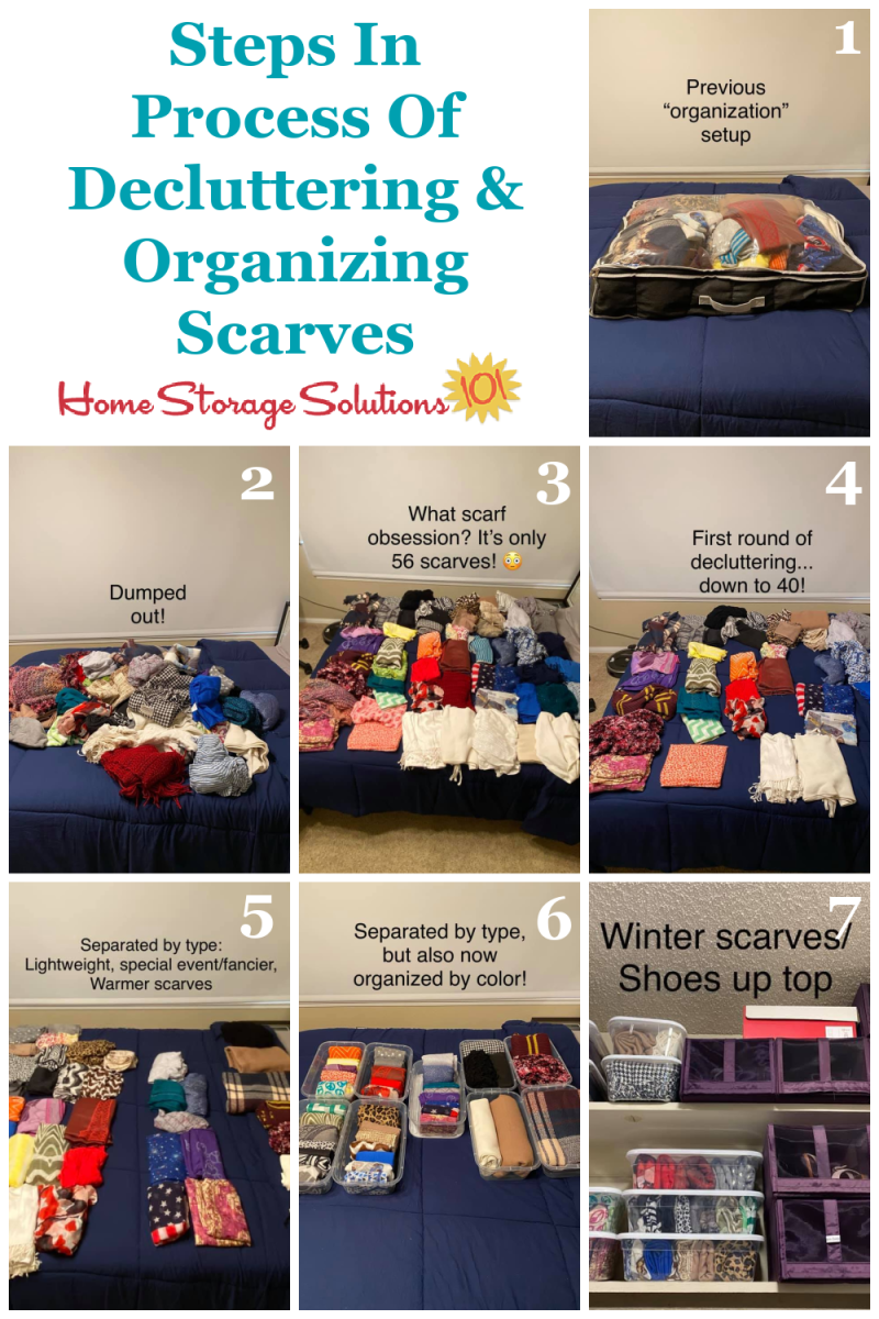 The steps in the process of decluttering and organizing scarves {part of a #Declutter365 mission on Home Storage Solutions 101}