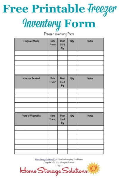 Free printable freezer inventory form (2 pages) for tracking the contents of your freezer {courtesy of Home Storage Solutions 101}