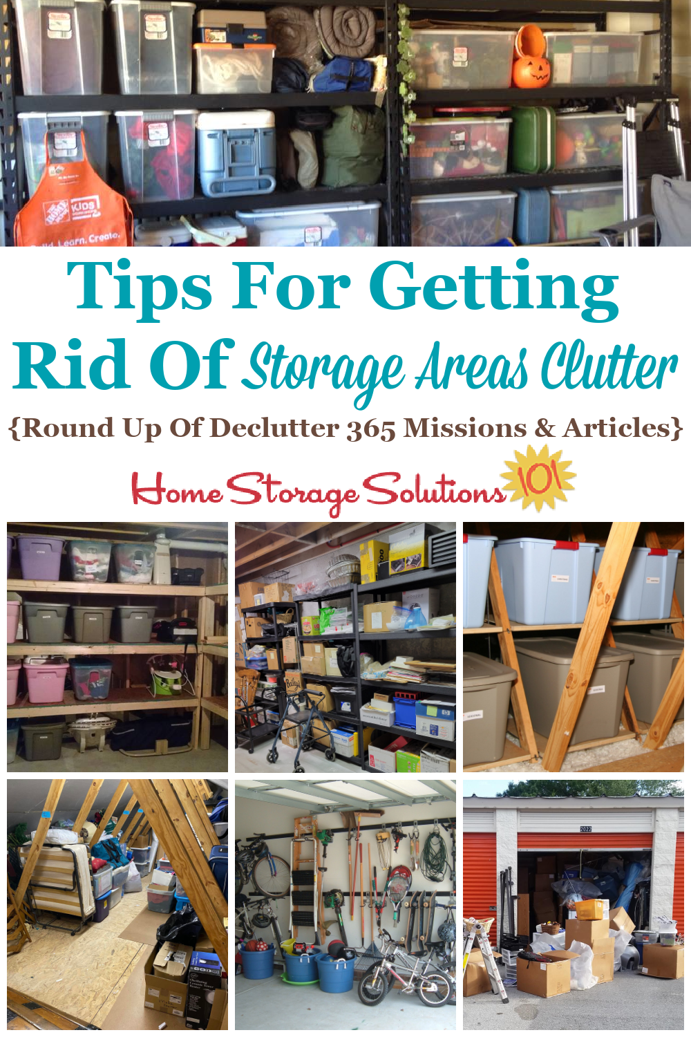 Here is a checklist of storage areas and garage clutter items to consider getting rid of, plus a round up of Declutter 365 missions and articles to help you accomplish these tasks {on Home Storage Solutions 101} #Declutter365 #GarageClutter #DeclutterStorageAreas