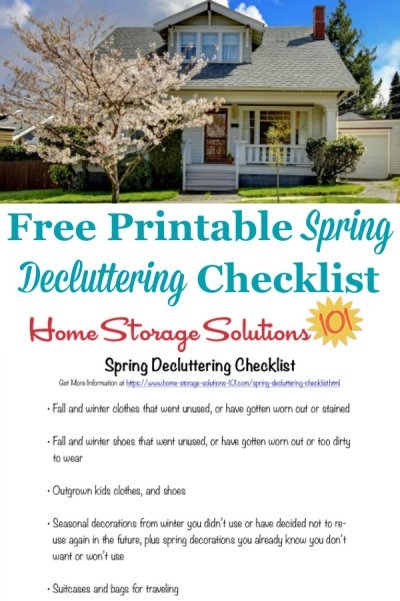 Here is a free printable spring decluttering checklist that you can use to get rid of clutter around your home when spring begins {on Home Storage Solutions 101} #SpringDecluttering #DeclutteringChecklist #SpringCleaning